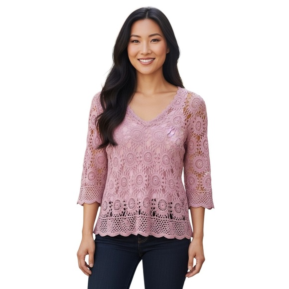 Joseph A Vintage V-neck Pink Crochet Lace Top - Picture 1 of 9